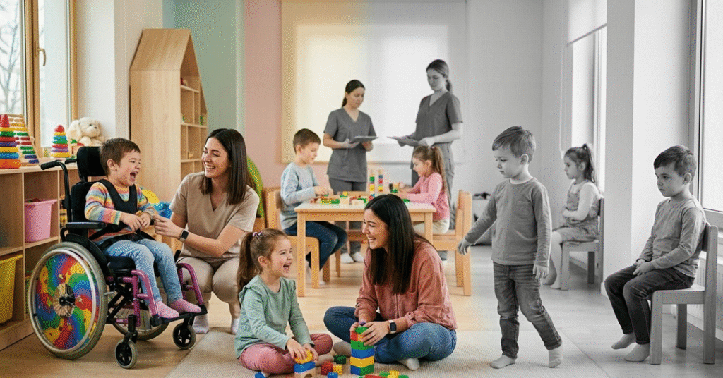 Sala cheia de crianças, profissionais e parentes , metade da imagem colorida mostrando as crianças felizes na terapia e metade em preto e branco para exemplificar as crianças que faltaram.