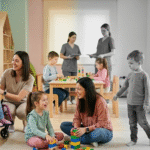 Sala cheia de crianças, profissionais e parentes , metade da imagem colorida mostrando as crianças felizes na terapia e metade em preto e branco para exemplificar as crianças que faltaram.