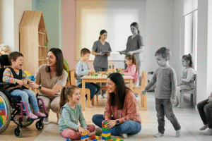 Frequencia Na Terapia Infantil Sala cheia de crianças, profissionais e parentes , metade da imagem colorida mostrando as crianças felizes na terapia e metade em preto e branco para exemplificar as crianças que faltaram.
